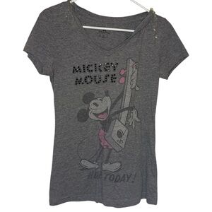 Disney Parks Mickey Mouse "HERE TODAY!" Studded V-Neck Tee - Gray - Small